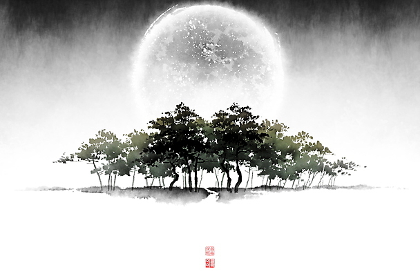 PSD 한국전통 야경 일러스트 캘리그라피 밤하늘 붓터치 사람없음 보름달 소나무 야간 동양화 번짐 숲길 낙관 소나무숲 국내일러스트 자연요소 나무 전통 길 하늘 한국 미술 달 숲 파일형식 효과 풍경_경치