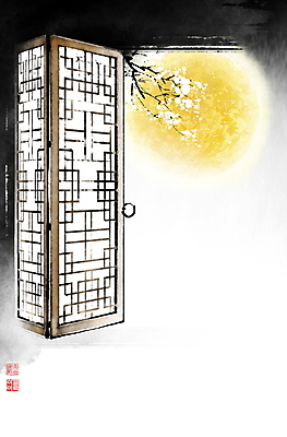 PSD 한국전통 야경 일러스트 캘리그라피 밤하늘 붓터치 사람없음 보름달 나뭇가지 야간 동양화 격자 번짐 문고리 낙관 창호문 국내일러스트 자연요소 나무 전통 무늬 하늘 한국 미술 문 달 파일형식 효과 풍경_경치