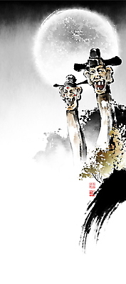 PSD 한국전통 야경 일러스트 캘리그라피 밤하늘 붓터치 사람없음 보름달 야간 동양화 언덕 번짐 낙관 목장승 지하여장군 천하대장군 국내일러스트 자연요소 전통 하늘 한국 미술 달 장승 파일형식 효과 풍경_경치