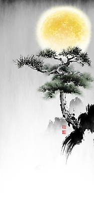 PSD 한국전통 야경 일러스트 캘리그라피 밤하늘 붓터치 사람없음 보름달 소나무 야간 동양화 번짐 낙관 국내일러스트 자연요소 나무 전통 하늘 한국 미술 달 파일형식 효과 풍경_경치