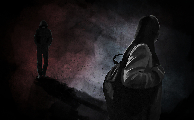 전신 PSD 여자 남자 일러스트 상반신 성인 두명 검은색 뒤돌아보기 범죄 무서움 범죄인 사회이슈 스토커 스토킹 성인만 국내일러스트 감정 컬러 컨셉 모션 사람 파일형식