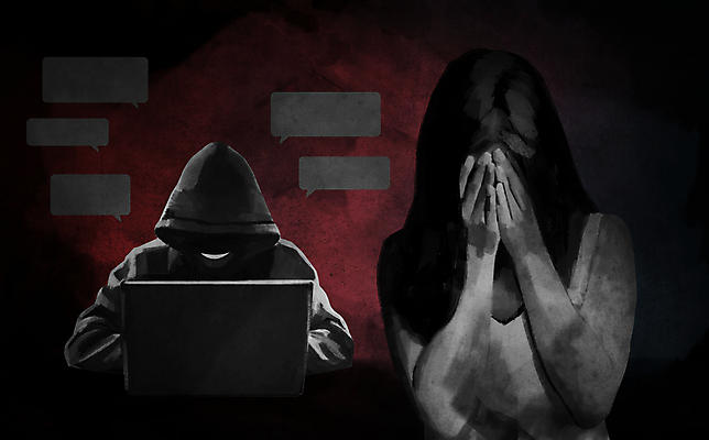 PSD 여자 남자 일러스트 상반신 성인 두명 노트북 검은색 범죄 무서움 범죄인 사회이슈 위협 얼굴가리기 문자메시지 소셜네트워크 채팅 성인만 디지털성범죄 국내일러스트 감정 컬러 컨셉 사람 전자제품 가림 메시지 성범죄 파일형식