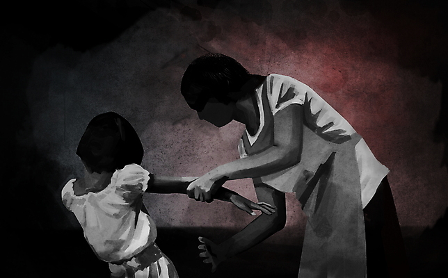 PSD 여자 어린이 일러스트 소녀 상반신 성인 두명 검은색 유치원 유치원생 잡기 폭력 아동학대 사회이슈 유치원선생님 때리기 폭행 보육교사 얼굴없음 여자만 국내일러스트 교육 컬러 컨셉 모션 사람 교사 범죄 학대 파일형식