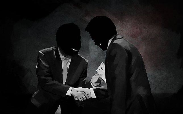 PSD 남자 일러스트 악수 상반신 성인 두명 검은색 비즈니스맨 범죄 사회이슈 주기 뇌물 돈봉투 뒷거래 얼굴없음 성인남자만 국내일러스트 컬러 컨셉 비즈니스 모션 봉투 사람 손짓 직장인 남자만 성인만 파일형식