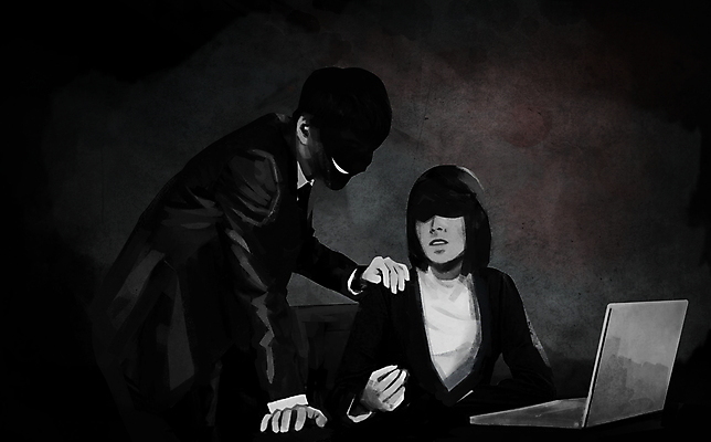 PSD 여자 남자 일러스트 직장 상반신 성인 두명 노트북 검은색 범죄 사회이슈 동료 성추행 성추행범 성희롱 성인만 어깨에손 국내일러스트 컬러 컨셉 회사 관계 모션 사람 전자제품 성범죄 파일형식
