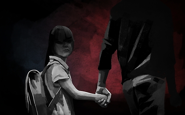 PSD 여자 남자 어린이 일러스트 책가방 소녀 상반신 성인 두명 손잡기 검은색 뒤돌아보기 사회이슈 납치 아동범죄 실종 국내일러스트 컬러 컨셉 가방 모션 사람 범죄 사건 파일형식