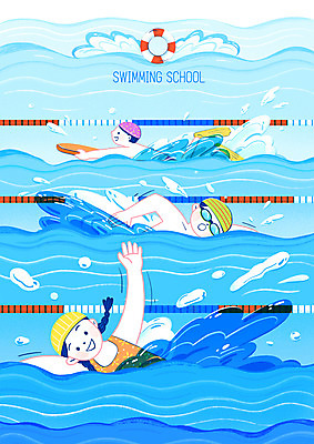 PSD 여자 남자 수영복 어린이 일러스트 수영장 여름방학 소녀 소년 상반신 세명 파란색 수영 물안경 즐거움 튀는물 수영모 사교육 수영강습 킥판 어린이만 국내일러스트 옷 교육 감정 컬러 방학 사람 수상스포츠 액체표현 수영용품 스플래쉬 파일형식 여름_계절