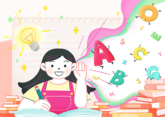 PSD 알파벳 영어 여자 어린이 일러스트 전구 아이디어 여름방학 영어교육 한명 들기 소녀 상반신 책 연필 사교육 영어교실 영어듣기 책더미 소녀한명만 국내일러스트 문자 1 교육 컨셉 모션 수업 방학 학용품 사람 필기구 무더기 여자한명만 소녀만 파일형식 여름_계절