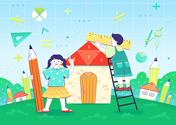 전신 PSD 여자 남자 어린이 일러스트 사다리 자 여름방학 들기 소녀 소년 두명 건물 연필 가리킴 수학 삼각자 수학교육 수학기호 각도기 사교육 어린이만 국내일러스트 건축물 기호 교육 교과목 모션 방학 문구용품 학용품 사람 손짓 필기구 도구 파일형식 여름_계절