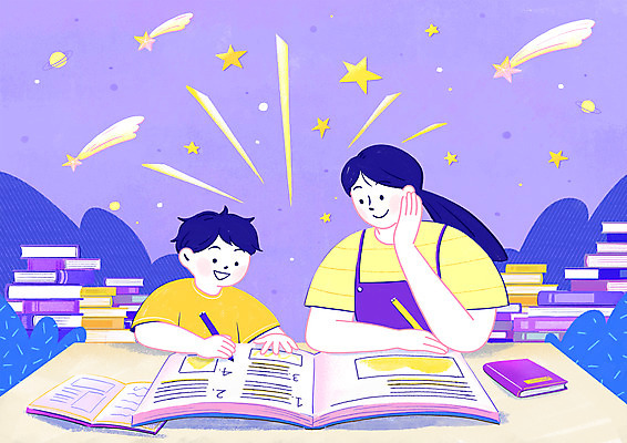 PSD 모자 여자 남자 별 어린이 일러스트 함께함 여름방학 소년 상반신 성인 두명 책 보라색 턱괴기 잡기 도움 유성 문제집 사교육 예습 책더미 선행학습 국내일러스트 자연요소 잡화 교육 컬러 컨셉 모션 방학 사람 학습 무더기 파일형식 여름_계절