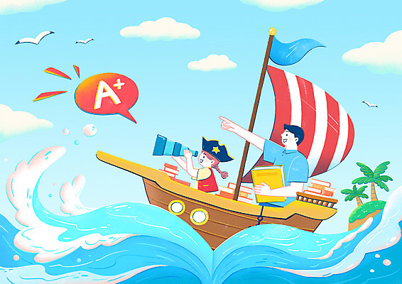 PSD 여자 남자 어린이 파도 바다 하늘색 일러스트 갈매기 하늘 함께함 항해 여름방학 들기 소녀 상반신 성인 두명 책 야자수 망원경 가리킴 도움 성적 해적선 사교육 예습 해적모자 부녀 선행학습 국내일러스트 나무 모자_잡화 교육 딸 컨셉 배_교통 가족 모션 조류 방학 사람 손짓 파란색 학습 아빠 파일형식 여름_계절