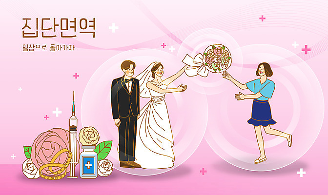 전신 PSD 여자 남자 분홍색 부케 웨딩드레스 결혼 일러스트 결혼식 주사기 서기 정장 턱시도 성인 일상 세명 장미 물방울 사회이슈 결혼반지 면역력 백신 부케던지기 신랑신부 하객 성인만 코로나바이러스 바이알 집단면역 백신접종 위드코로나 국내일러스트 드레스 옷 꽃 신부_웨딩 컬러 꽃다발 신랑 컨셉 의학 의료기기 모션 사람 이벤트 라이프 반지 의료용품 바이러스 고객 접종 파일형식