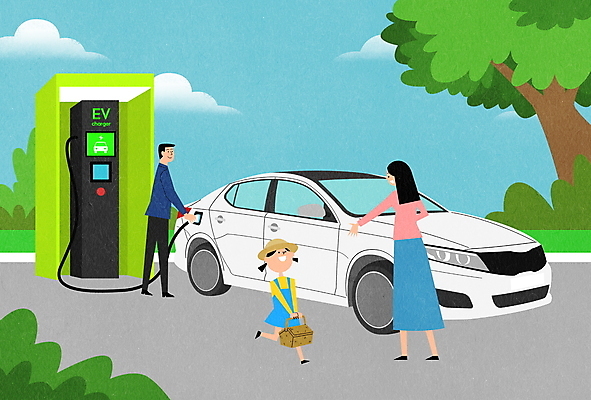 전신 PSD 나무 구름 여자 남자 딸 일러스트 엄마 서기 들기 소녀 성인 세명 아빠 그린에너지 친환경 주차장 소풍바구니 전기자동차 전기충전 충전소 국내일러스트 자연요소 식물 어린이 가족 모션 자동차 사람 바구니 환경 에너지 충전 파일형식