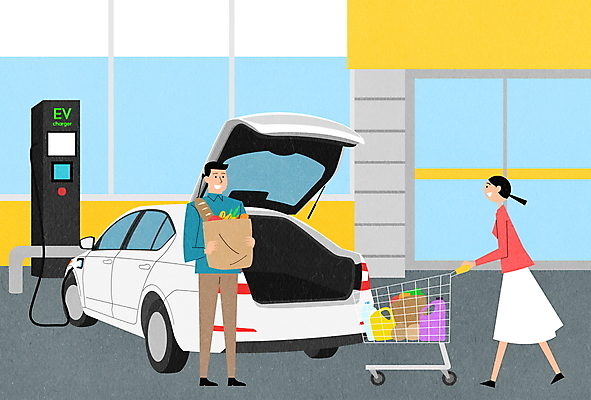 전신 PSD 구름 여자 남자 일러스트 서기 들기 성인 두명 쇼핑카 그린에너지 장바구니 친환경 주차장 대형마트 전기자동차 전기충전 충전소 성인만 국내일러스트 자연요소 모션 자동차 사람 쇼핑 바구니 환경 카트 에너지 마트 충전 파일형식
