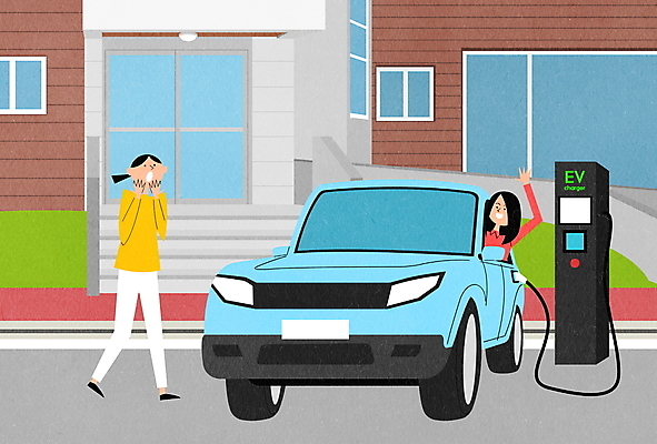 전신 PSD 구름 여자 일러스트 아파트 서기 상반신 성인 두명 놀람 그린에너지 친환경 손인사 주차장 전기자동차 전기충전 충전소 성인여자만 국내일러스트 자연요소 감정 모션 자동차 주택 표정 사람 환경 에너지 인사 충전 여자만 성인만 파일형식