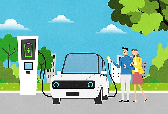 전신 PSD 구름 커플 여자 남자 일러스트 서기 들기 성인 두명 건물 팔짱 그린에너지 친환경 주차장 전기자동차 충전기 충전소 성인만 국내일러스트 자연요소 건축물 관계 모션 자동차 사람 환경 기계 에너지 충전 파일형식