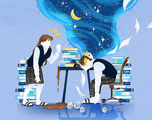 전신 PSD 학생 여자 남자 교복 커피 일러스트 응원 청소년 피곤 서기 앉기 두명 책 파란색 파이팅 주먹 달 머리띠 졸음 쏟아짐 학습지 책더미 얼굴없음 십대만 수면부족 국내일러스트 자연요소 옷 감정 음료 컬러 컨셉 장신구 모션 교재 사람 무더기 파일형식