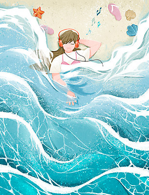 PSD 여자 파도 바다 일러스트 한명 미소 상반신 성인 파란색 눕기 눈감음 헤드폰 조개껍데기 편안함 쪼리 숙면 성인여자한명만 ASMR 국내일러스트 1 컬러 음향기기 모션 조개 표정 사람 잠 감각 샌들 여자한명만 성인여자만 파일형식