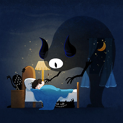 전신 PSD 남자 어린이 일러스트 상상 전등 그림자 한명 소년 눕기 달 침대 스탠드 야간 무서움 남색 몬스터 불면증 악몽 소년한명만 국내일러스트 자연요소 1 감정 컬러 가구 모션 조명 사람 질병 남자한명만 소년만 파일형식