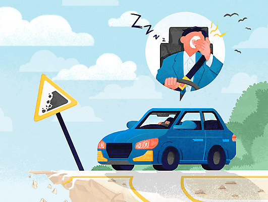 PSD 구름 남자 도로 하늘색 말풍선 일러스트 자동차 피곤 한명 상반신 성인 절벽 표지판 직장인 졸음 위험 교통사고 하품 졸음운전 성인남자한명만 국내일러스트 자연요소 직업 1 감정 길 육상교통 컨셉 교통시설 알림판 사람 파란색 운전 사건 생리현상 남자한명만 성인남자만 파일형식