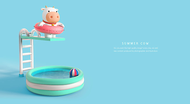 PSD 편집이미지 한마리 하늘색 수영장 사람없음 여름 여름휴가 바캉스 3D 소 비치볼 다이빙 튜브 소캐릭터 다이빙대 물풀장 흰소 편집3D 1 계절 동물캐릭터 공 포유류 휴가 바캉스용품 파란색 수영 디지털합성 수중스포츠 파일형식 여름_계절