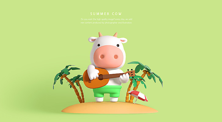 PSD 편집이미지 한마리 섬 연주 들기 사람없음 연두색 여름 여름휴가 바캉스 야자수 3D 소 우쿨렐레 소캐릭터 흰소 편집3D 나무 1 계절 음악 동물캐릭터 포유류 모션 현악기 휴가 초록색 디지털합성 파일형식 여름_계절