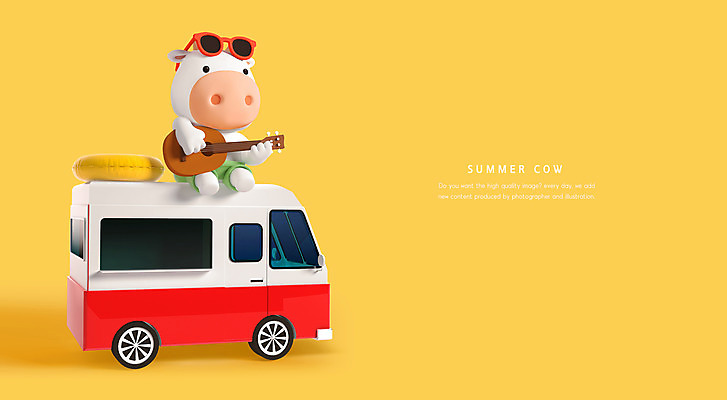 PSD 편집이미지 한마리 연주 들기 사람없음 여름 여름휴가 바캉스 선글라스 노란색 3D 주황색 소 우쿨렐레 튜브 캠핑카 소캐릭터 흰소 편집3D 1 계절 안경 음악 컬러 동물캐릭터 포유류 모션 자동차 현악기 휴가 디지털합성 파일형식 여름_계절