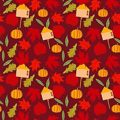 EPS 해외이미지 단풍 낙엽 패턴 일러스트 호박 사람없음 빨간색 패턴백그라운드 가을 집모양 해외일러스트 모양 계절 컬러 백그라운드 잎 무늬 채소 파일형식 벡터