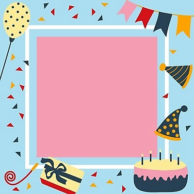 EPS 해외이미지 하늘색 일러스트 프레임 사람없음 선물상자 케이크 꽃가루 풍선 생일카드 가랜드 프레임일러스트 카피스페이스 해외일러스트 디저트 카드_감사 선물 파란색 상자 공백 가루 파티용품 파일형식 벡터