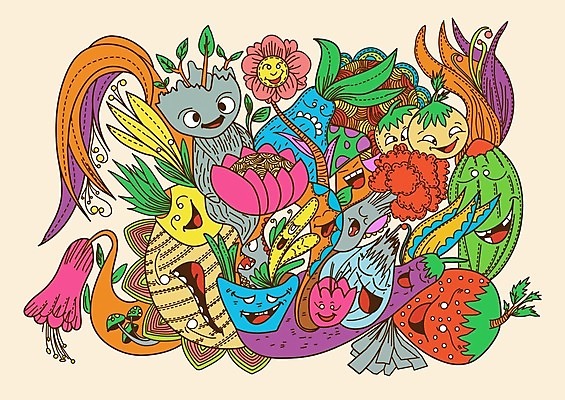 EPS 해외이미지 캐릭터 꽃 화분 잎 일러스트 자연 딸기 가지 양파 사람없음 귀여움 버섯 즐거움 몬스터 해외일러스트 일러캐릭터 식물 감정 컨셉 채소 과일 생태계 파일형식 벡터