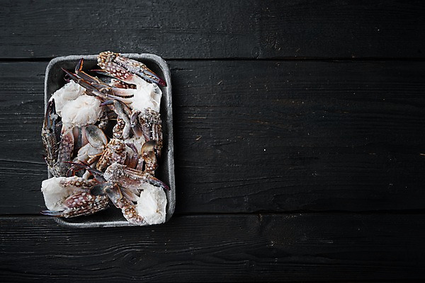 포토 JPG 해외이미지 검은배경 쟁반 실내 사람없음 냉동 꽃게 해산물 담기 반쪽 날것 슬라이스 게다리 카피스페이스 얼림 해외포토 백그라운드 컨셉 모션 내부 검은색 공백 게 파일형식