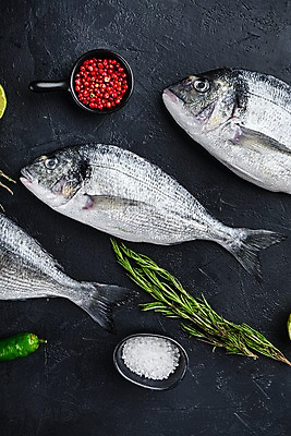 포토 JPG 해외이미지 음식 식재료 검은배경 실내 어류 요리 사람없음 하이앵글 도미 소금 후추 로즈메리 백리향 해외포토 뷰포인트 백그라운드 내부 검은색 수중동물 허브 향신료 파일형식