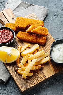 포토 JPG 해외이미지 음식 실내 사람없음 튀김 감자튀김 레몬 나무도마 생선까스 생선튀김 타르타르소스 해외포토 과일 감자 도마 내부 목재 소스_음식 커틀릿 파일형식