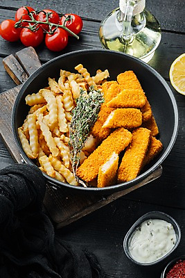 포토 JPG 해외이미지 그릇 음식 방울토마토 검은배경 실내 사람없음 튀김 감자튀김 올리브오일 나무도마 백리향 생선까스 생선튀김 타르타르소스 해외포토 식기 백그라운드 토마토 감자 도마 내부 목재 검은색 소스_음식 커틀릿 기름_음식 파일형식