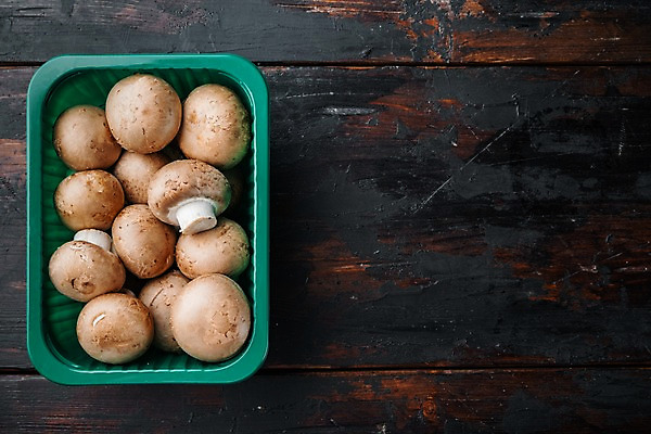 포토 JPG 해외이미지 실내 사람없음 하이앵글 여러개 양송이 나무탁자 플라스틱통 카피스페이스 해외포토 뷰포인트 다수 탁자 통 내부 버섯 공백 플라스틱 파일형식