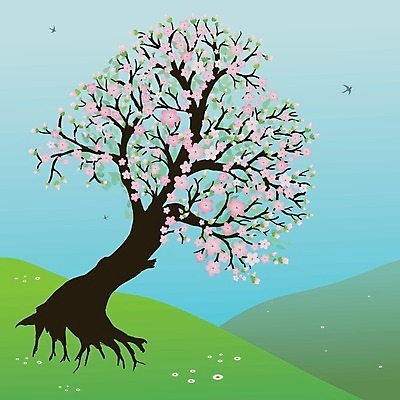 EPS 해외이미지 하늘색 일러스트 조류 사람없음 연두색 봄 벚꽃 벚나무 언덕 나무뿌리 해외일러스트 나무 동물 계절 꽃 초록색 파란색 뿌리 파일형식 벡터