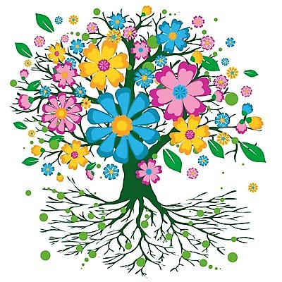 EPS 해외이미지 나무 꽃 일러스트 나뭇잎 사람없음 초록색 봄 화사함 나무뿌리 해외일러스트 식물 계절 컬러 컨셉 잎 뿌리 파일형식 벡터