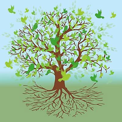 EPS 해외이미지 나무 하늘색 여러마리 일러스트 조류 나뭇잎 사람없음 초록색 나뭇가지 뿌리 나무뿌리 해외일러스트 식물 동물 컬러 다수 잎 파란색 파일형식 벡터