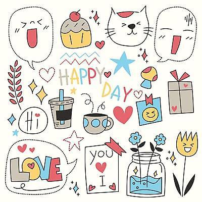 EPS 해외이미지 캐릭터 화분 말풍선 스티커 일러스트 사랑 사람없음 컵 선물상자 고양이 버섯 튤립 그림 머핀 아기자기 해외일러스트 일러캐릭터 식기 꽃 감정 빵 컨셉 포유류 선물 반려동물 상자 파일형식 벡터