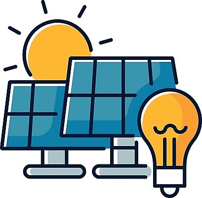 EPS 해외이미지 산업 일러스트 전구 사람없음 파란색 태양 노란색 에너지 태양에너지 집열판 해외일러스트 자연요소 컬러 그린에너지 파일형식 벡터