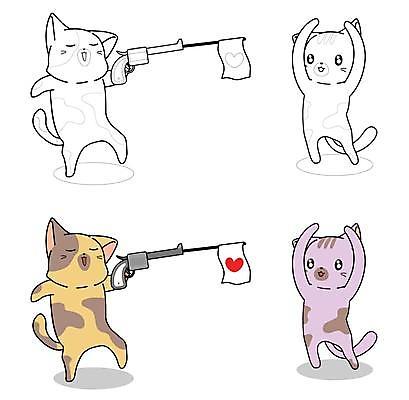 EPS 해외이미지 동물캐릭터 여러마리 일러스트 장난 사람없음 손들기 귀여움 고양이 총 하트 깃발 젠탱글 해외일러스트 일러캐릭터 모양 동물 캐릭터 무기 다수 컨셉 포유류 모션 반려동물 파일형식 벡터