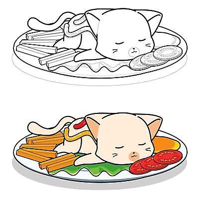 EPS 해외이미지 접시 동물캐릭터 두마리 토마토 일러스트 사람없음 눕기 귀여움 고양이 당근 잠 젠탱글 해외일러스트 일러캐릭터 동물 캐릭터 식기 컨셉 2 채소 포유류 모션 뿌리채소 반려동물 파일형식 벡터