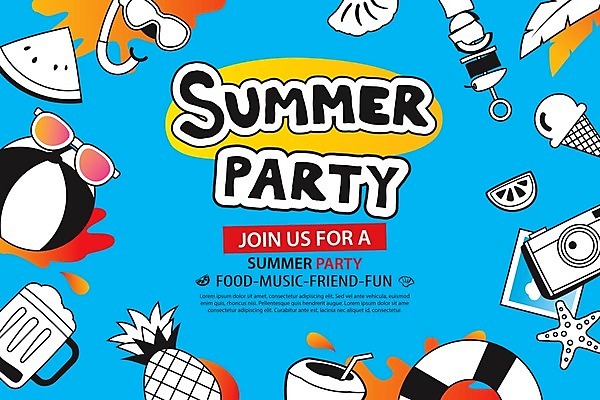 EPS 해외이미지 일러스트 수박 맥주 타이포그라피 사람없음 파란색 선글라스 카메라 축제 꼬치 비치볼 파인애플 코코넛 튜브 야자수잎 스킨스쿠버용품 해외일러스트 문자 안경 스포츠용품 컬러 잎 과일 공 바캉스용품 주류 전자제품 열대과일 파일형식 벡터