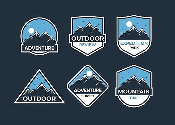 EPS 해외이미지 일러스트 산 아웃도어 사람없음 파란색 태양 라벨 일출 트래킹 탐험 원형 삼각형 심볼 배지 마름모 방패모양 어드벤처 해외일러스트 자연요소 모양 도형 컬러 레저 프레임 노을 방패 파일형식 벡터