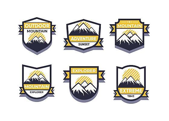 EPS 해외이미지 리본 일러스트 산 아웃도어 사람없음 태양 노란색 라벨 일출 탐험 심볼 배지 방패모양 어드벤처 해외일러스트 자연요소 모양 컬러 프레임 노을 방패 파일형식 벡터