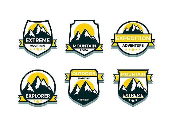 EPS 해외이미지 별 일러스트 산 아웃도어 사람없음 노란색 라벨 트래킹 탐험 원형 심볼 배지 방패모양 어드벤처 해외일러스트 자연요소 모양 도형 컬러 레저 프레임 방패 파일형식 벡터