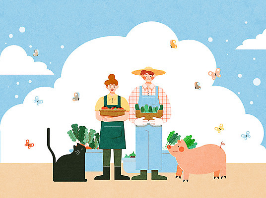 전신 구름 여자 남자 나비 두마리 토마토 일러스트 오이 서기 들기 성인 두명 바구니 자연보호 고양이 앞치마 돼지 농부 멜빵바지 밀짚모자 채식 동물보호 에코라이프 채식주의자 성인만 비건 국내일러스트 AI파일 자연요소 직업 모자_잡화 라이프스타일 곤충 2 채소 바지 포유류 모션 자연 사람 반려동물 보호 사회이슈 멜빵 에코 파일형식 벡터