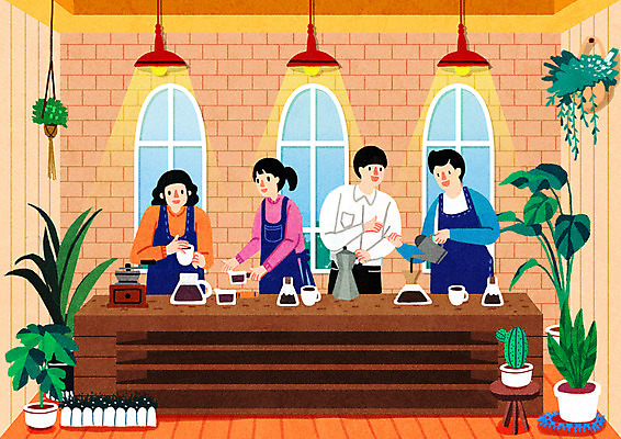 PSD 여자 남자 화분 커피 일러스트 창문 탁자 조명 선인장 들기 여러명 상반신 성인 취미 앞치마 붓기 커피잔 커피포트 바리스타 그라인더 수강생 자기개발 핸드드립 성인만 원데이클래스 국내일러스트 식물 직업 음료 가구 다수 모션 주전자 잔 사람 커피용품 클래스 파일형식