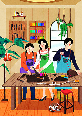 전신 PSD 한마리 여자 남자 화분 의자 일러스트 창문 서기 들기 성인 취미 세명 고양이 앞치마 스탠드 바느질 가죽 가죽공예 나무탁자 수강생 자기개발 성인만 가죽공방 원데이클래스 공예도구 국내일러스트 1 가구 포유류 모션 탁자 조명 사람 반려동물 도구 작업실 공예 클래스 파일형식