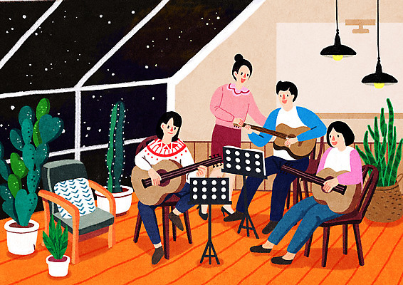 전신 PSD 여자 남자 화분 연주 의자 일러스트 창문 밤하늘 조명 선인장 들기 앉기 여러명 성인 취미 기타 보면대 수강생 자기개발 성인만 원데이클래스 국내일러스트 식물 음악 가구 다수 모션 하늘 현악기 사람 야간 클래스 파일형식